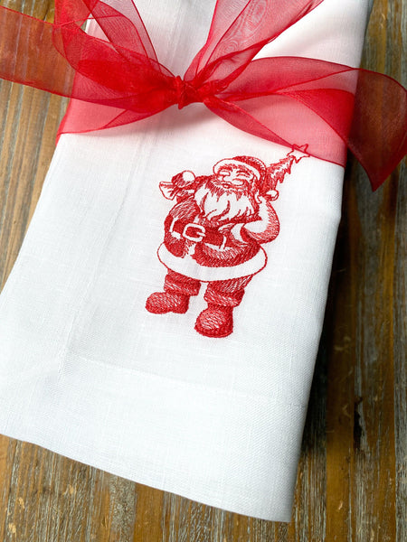 Santa Claus Victorian Christmas Embroidered Cloth Napkins - Set of 4 napkins - White Tulip Embroidery