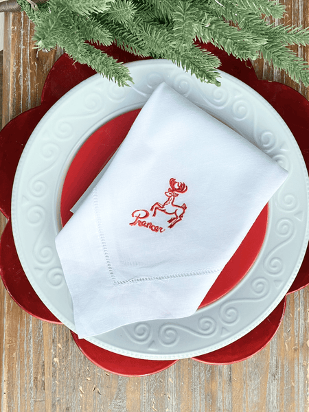 Santa's Reindeer Christmas Cloth Napkins - Set of 10 unique napkins - White Tulip Embroidery