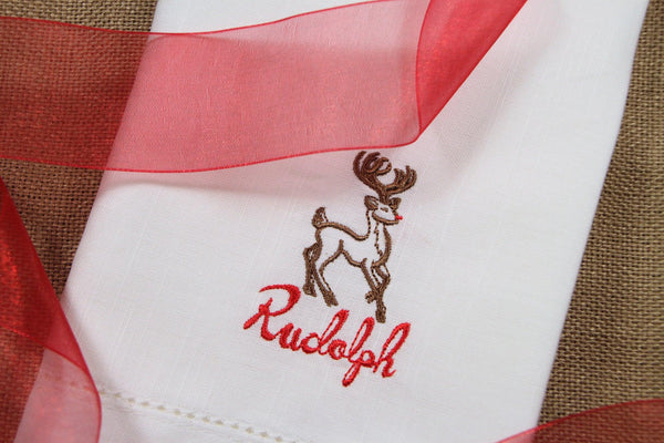 Santa's Reindeer Christmas Cloth Napkins - Set of 10 unique napkins - White Tulip Embroidery