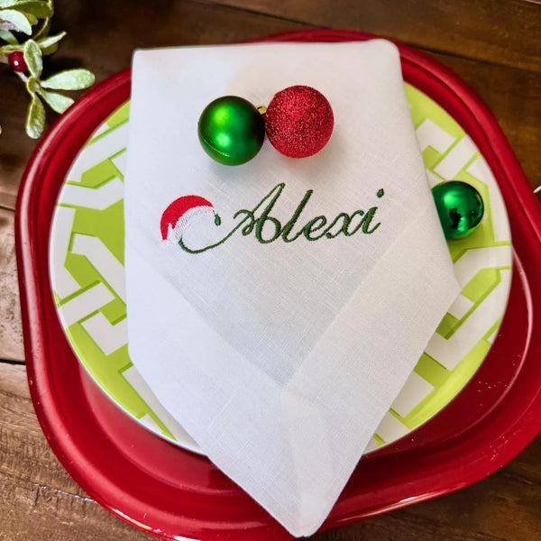 Santa Christmas Name Napkins, Set of 4 Christmas Place Cards - White Tulip Embroidery