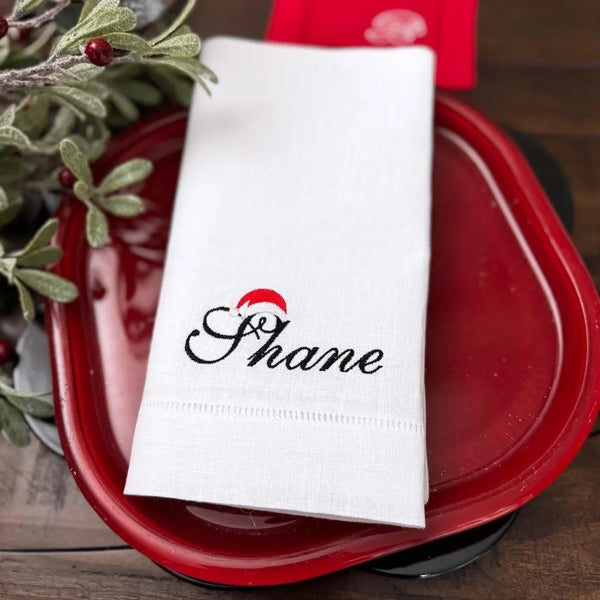 Santa Christmas Name Napkins, Set of 4 Christmas Place Cards - White Tulip Embroidery