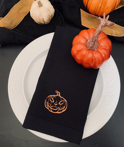 Scary Jack O' Lantern Pumpkin Halloween Cloth Napkins - White Tulip Embroidery
