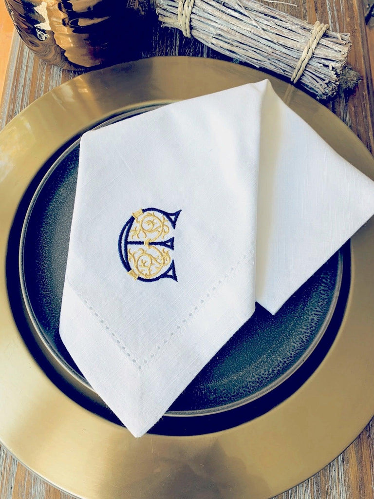 Scroll Monogrammed Embroidered Cloth Napkins - Set of 4 napkins - White Tulip Embroidery