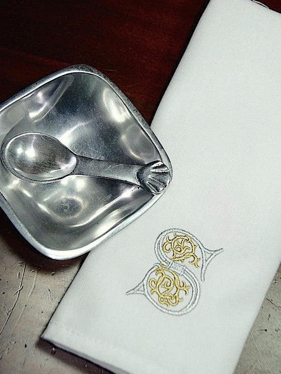 Scroll Monogrammed Embroidered Cloth Napkins - Set of 4 napkins - White Tulip Embroidery