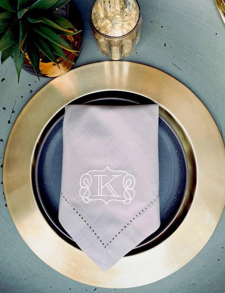 Scroll Border Monogrammed Cloth Dinner Napkins - Set of 4 napkins - White Tulip Embroidery