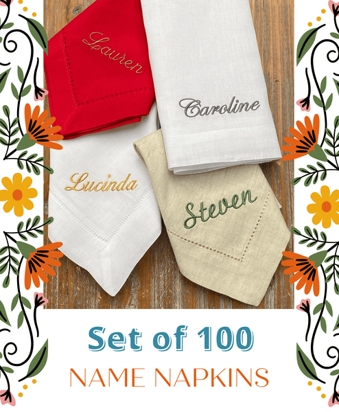 Set of 100 Personalized Wedding Party Monogrammed Name Napkins, Bulk names napkins - White Tulip Embroidery