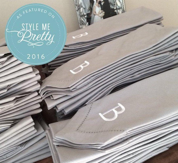 Set of 25 Large Order Monogrammed Wedding Napkins, Embroidered Dinner Napkins - White Tulip Embroidery