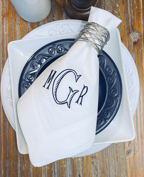 Set of 4 Baroque Monogrammed Wedding Napkins, Embroidered Dinner Napkins - White Tulip Embroidery