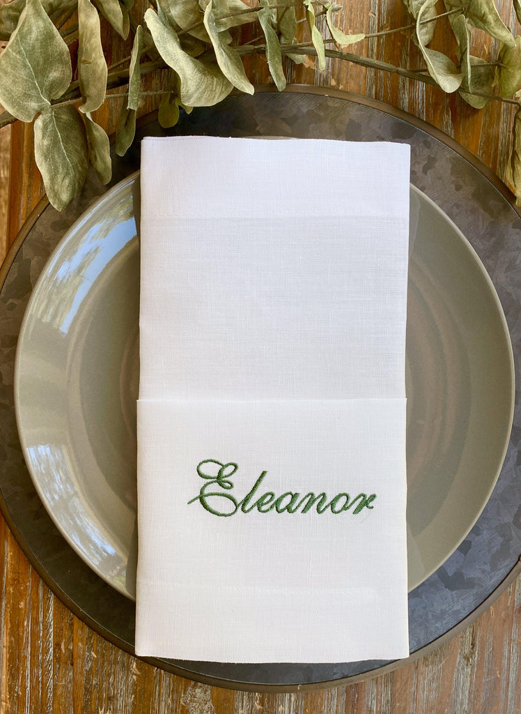 RESERVED 42 Eleanor Font Name Place Napkins, IVORY Hemstitch Cotton, Chocolate Brown Thread, Fold #4, Event:September 21, 2024 - White Tulip Embroidery