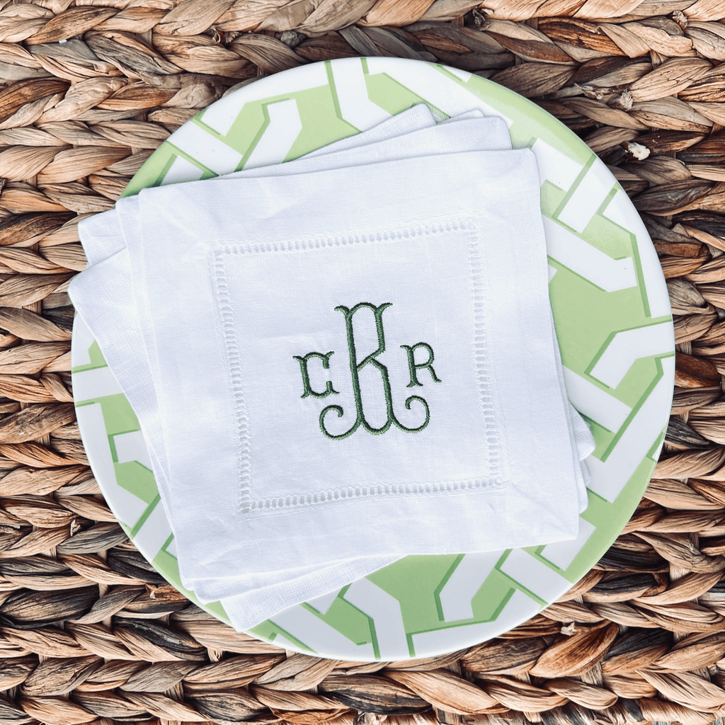 Set of 4 White Monogrammed Cotton/Linen Cocktail Napkins - White Tulip Embroidery