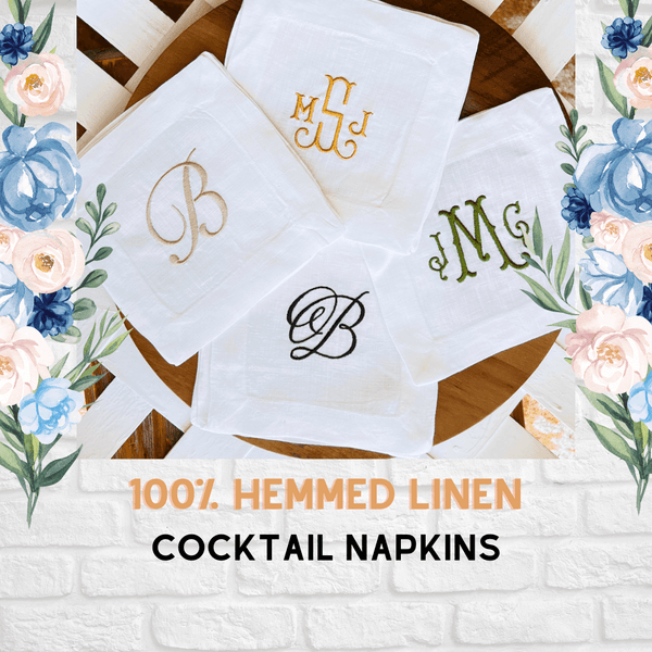 Set of 4 White Monogrammed Linen Cocktail Napkins-Hemmed Edge - White Tulip Embroidery