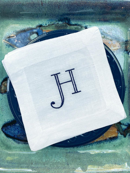 Bulk Monogram Cocktail Napkins, Cocktail Cloth Napkins, Set of 25, Linen cocktail napkins, large wedding napkins - White Tulip Embroidery