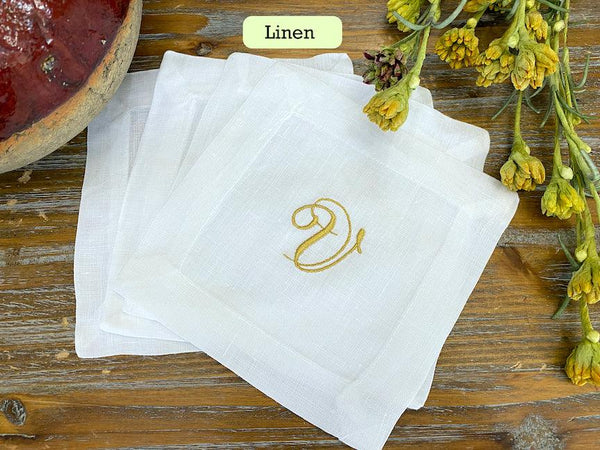 Set of 4 White Monogrammed Linen Cocktail Napkins-Hemmed Edge - White Tulip Embroidery