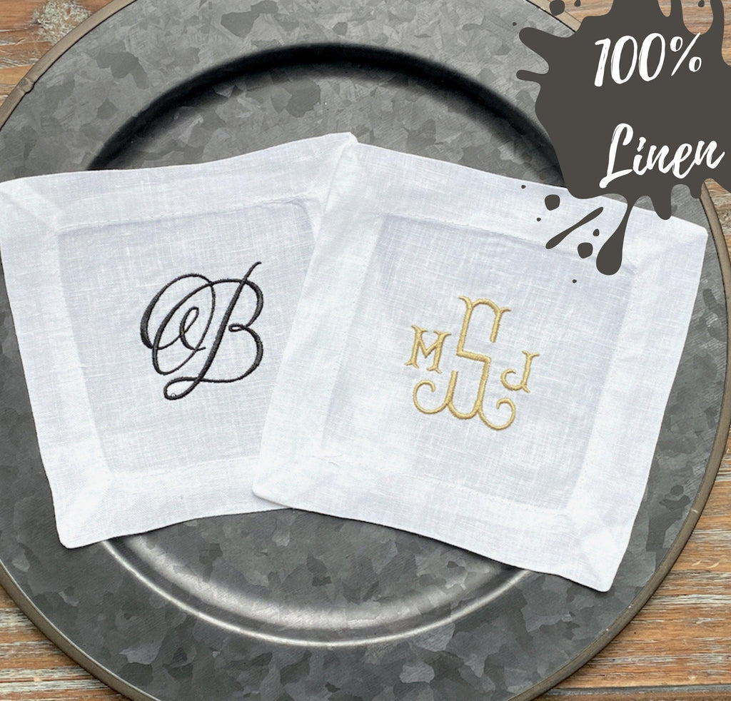 Set of 4 White Monogrammed Linen Cocktail Napkins-Hemmed Edge - White Tulip Embroidery