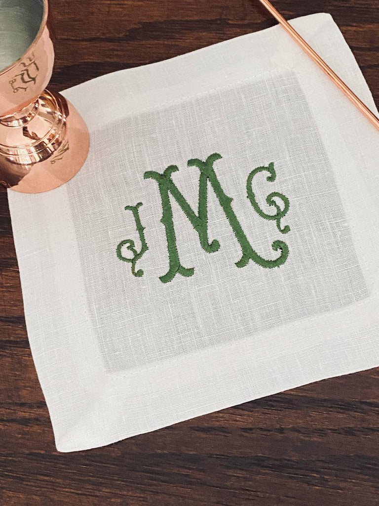 Set of 4 White Monogrammed Linen Cocktail Napkins-Hemmed Edge - White Tulip Embroidery