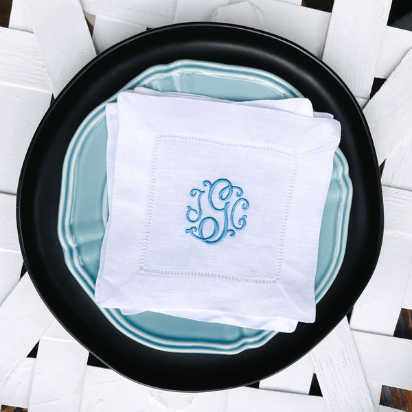 Set of 4 White Monogrammed Linen Cocktail Napkins - White Tulip Embroidery