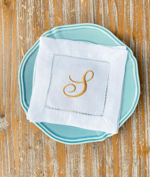 Set of 4 White Monogrammed Linen Cocktail Napkins - White Tulip Embroidery