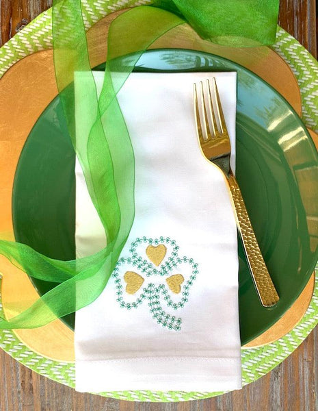 Shamrock St. Patrick's Day Napkins - Set of 4 napkins - White Tulip Embroidery