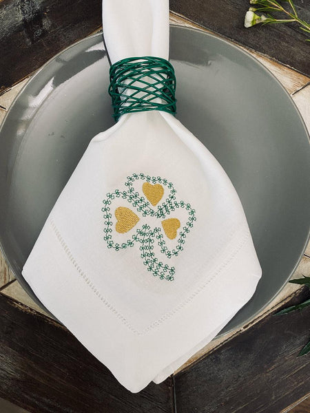 Shamrock St. Patrick's Day Napkins - Set of 4 napkins - White Tulip Embroidery