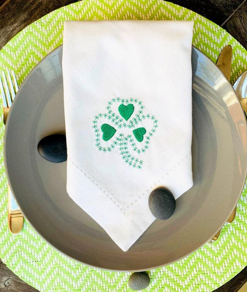 Shamrock St. Patrick's Day Napkins - Set of 4 napkins - White Tulip Embroidery