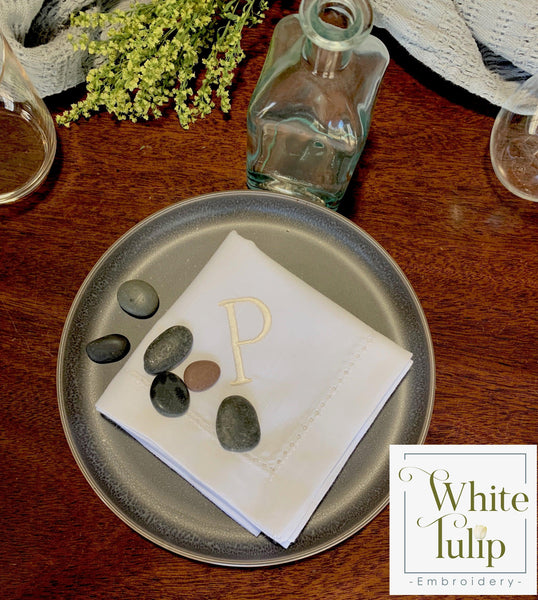 Simple and Modern Monogrammed Embroidered Cloth Napkins - White Tulip Embroidery