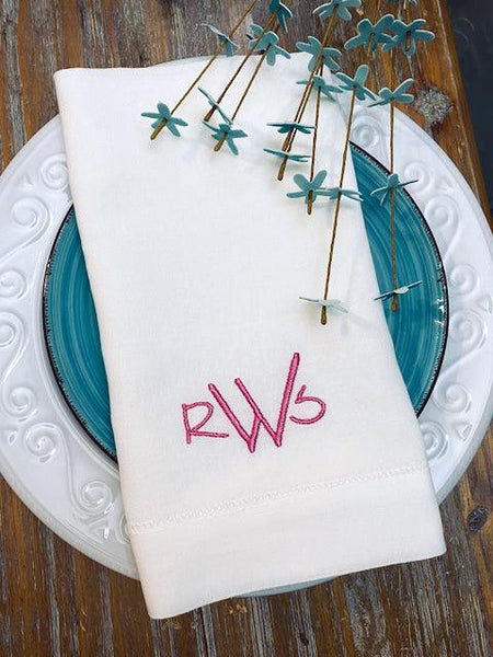 Slim Print Monogrammed Embroidered Cloth Napkins - White Tulip Embroidery