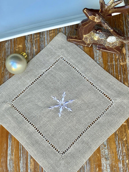 Snowflake Cloth Cocktail Napkins, Set of 4 - White Tulip Embroidery