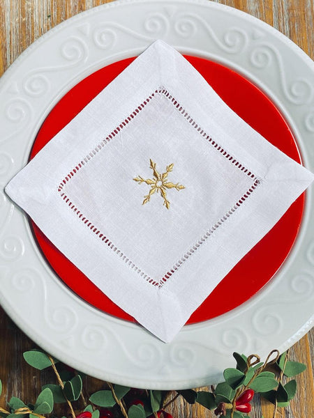 Snowflake Cloth Cocktail Napkins, Set of 4 - White Tulip Embroidery