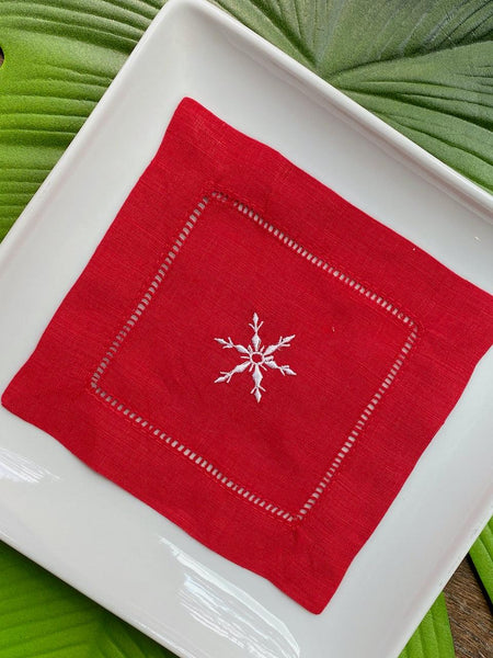 Snowflake Cloth Cocktail Napkins, Set of 4 - White Tulip Embroidery