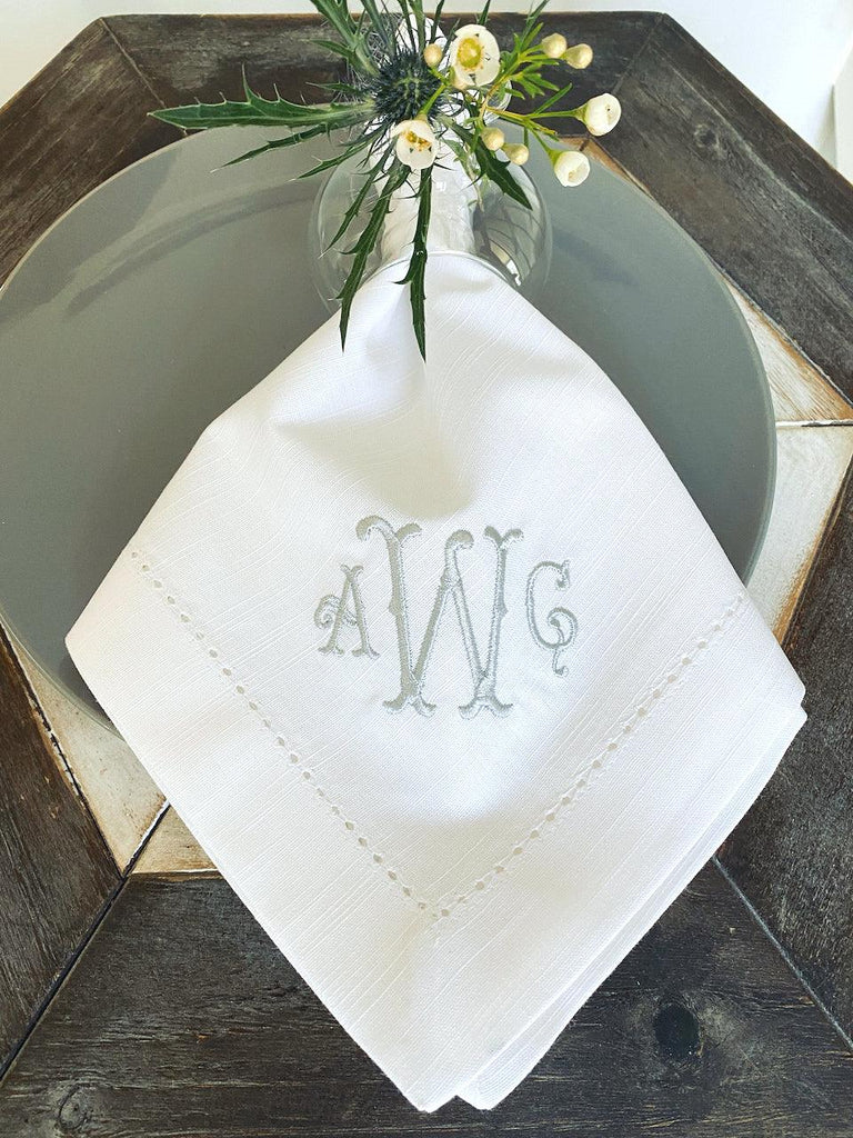 3 Letter Bulk Monogrammed Wedding Napkins, Set of 25, Embroidered Cloth Dinner Napkins - White Tulip Embroidery