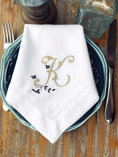 Sprig Monogrammed Embroidered Cloth Napkins - Set of 4 napkins - White Tulip Embroidery