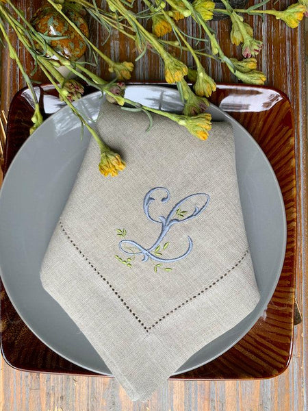 Sprig Monogrammed Embroidered Cloth Napkins - Set of 4 napkins - White Tulip Embroidery