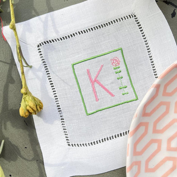 Square Flower Monogrammed Cocktail Napkins, Set of 4 - White Tulip Embroidery