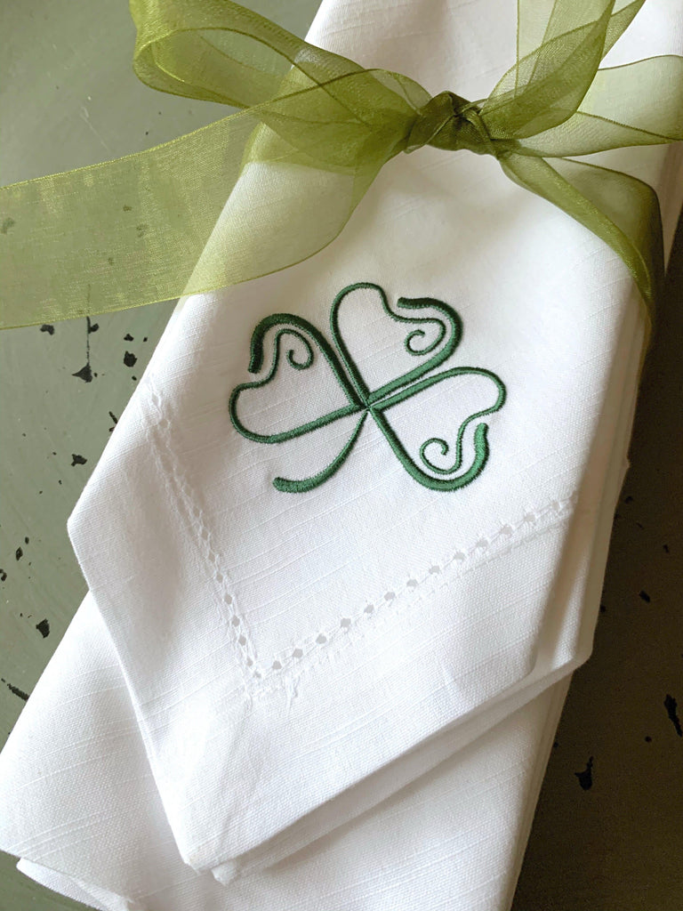 St. Patrick's Day Clover Cloth Napkins - Set of 4 napkins - White Tulip Embroidery