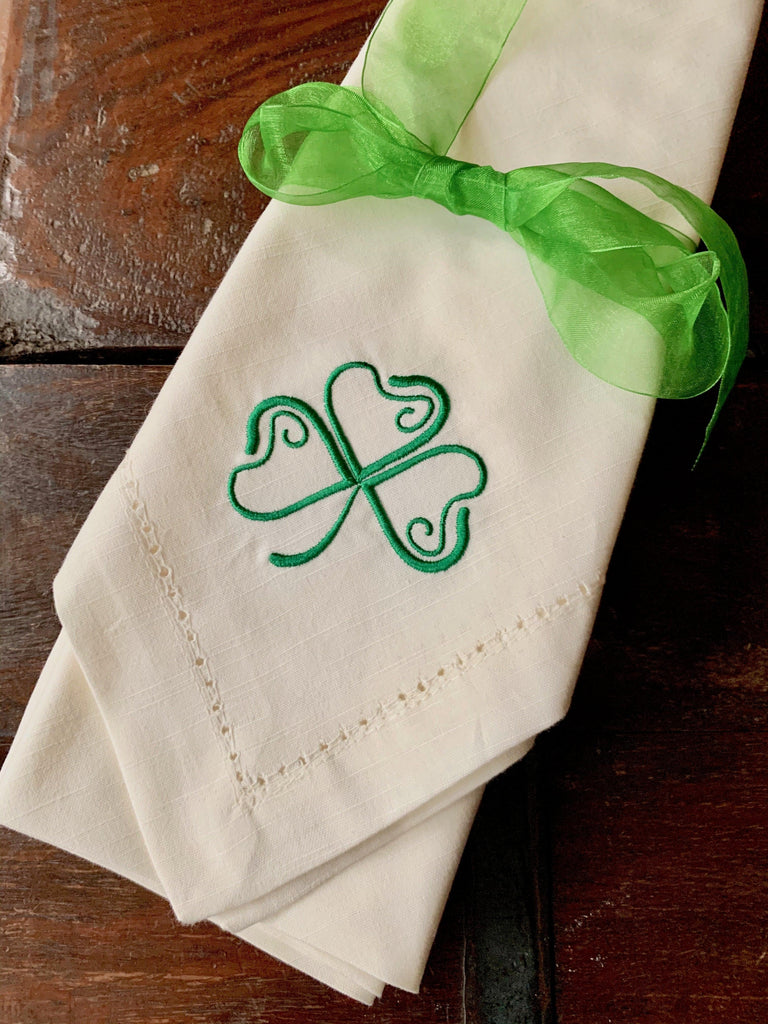 St. Patrick's Day Clover Cloth Napkins - Set of 4 napkins - White Tulip Embroidery