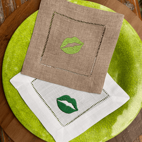 St. Patrick's Day Kiss Me Cloth Cocktail Napkins, Set of 4, Lips Cocktail Napkins - White Tulip Embroidery