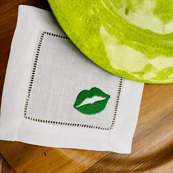 St. Patrick's Day Kiss Me Cloth Cocktail Napkins, Set of 4, Lips Cocktail Napkins - White Tulip Embroidery