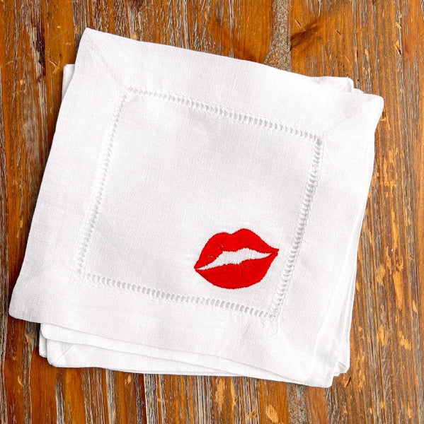 St. Patrick's Day Kiss Me Cloth Cocktail Napkins, Set of 4, Lips Cocktail Napkins - White Tulip Embroidery
