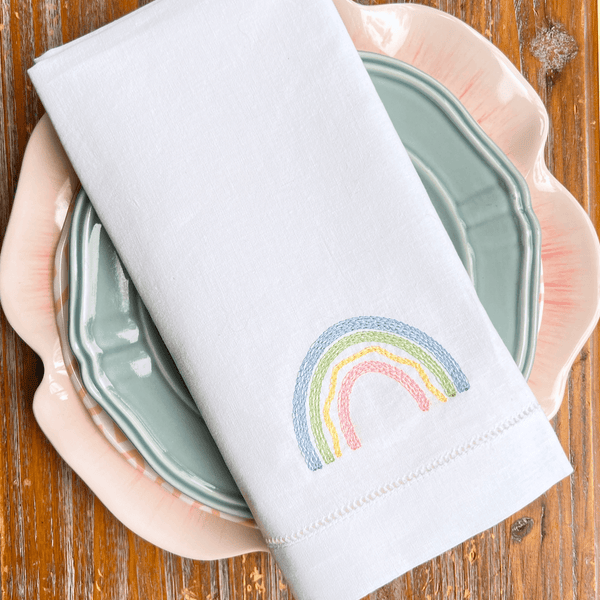 St. Patrick's Day Rainbow Cloth Napkins, Set of 4, Irish Flag Napkins - White Tulip Embroidery