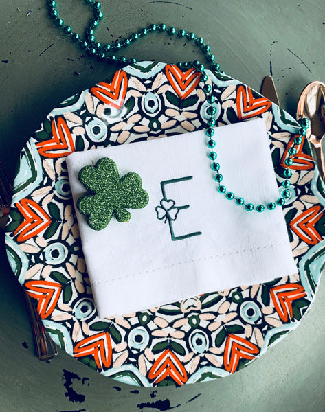 St. Patrick's Day Shamrock Clover Monogrammed Cloth Napkins - Set of 4 napkins - White Tulip Embroidery