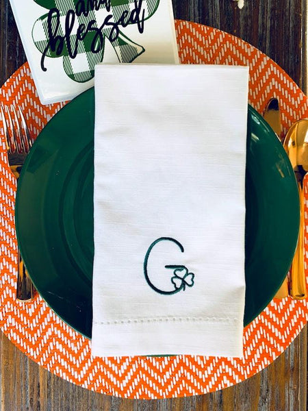 St. Patrick's Day Shamrock Clover Monogrammed Cloth Napkins - Set of 4 napkins - White Tulip Embroidery