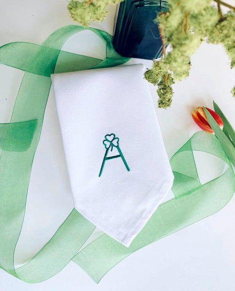 St. Patrick's Day Shamrock Clover Monogrammed Cloth Napkins - Set of 4 napkins - White Tulip Embroidery