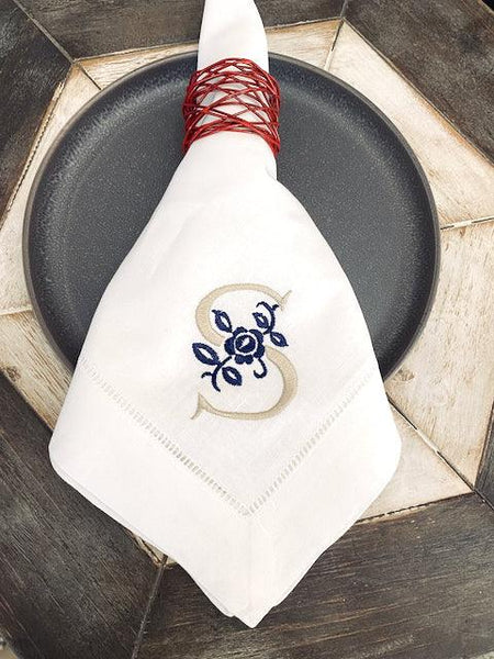 Suzanna Monogrammed Cloth Dinner Napkins - Set of 4 napkins - White Tulip Embroidery