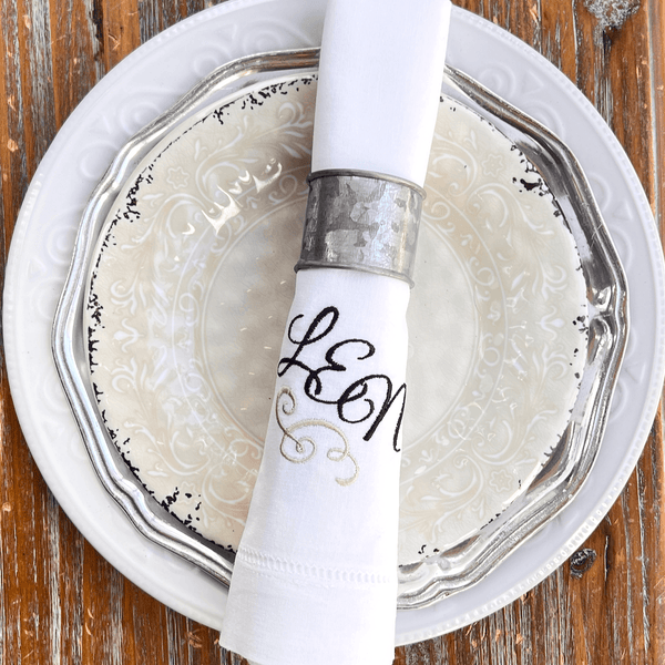3 Letter Bulk Monogrammed Wedding Napkins, Set of 25, Embroidered Cloth Dinner Napkins - White Tulip Embroidery