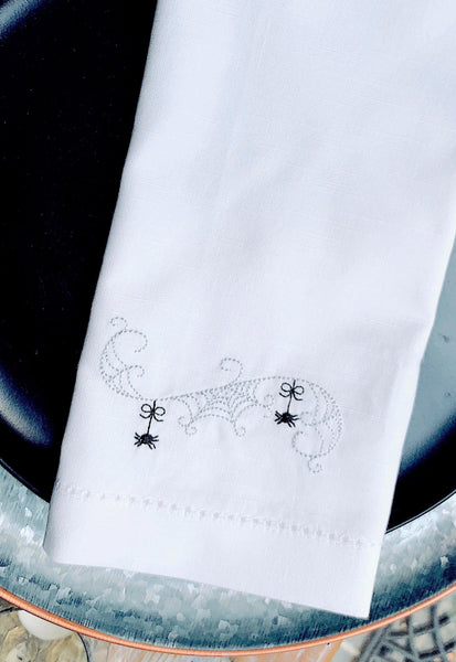 Swirly Halloween Spider Napkins - Set of 4 cloth napkins - White Tulip Embroidery