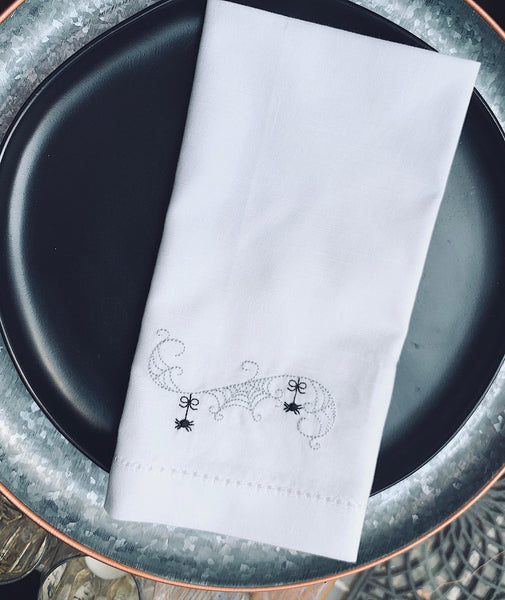 Swirly Halloween Spider Napkins - Set of 4 cloth napkins - White Tulip Embroidery
