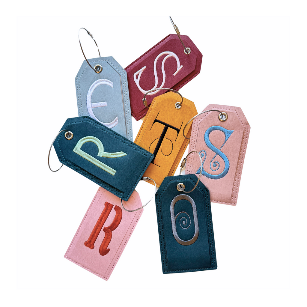 Monogrammed Luggage Tag, Embroidered Vegan Leather with Steel Loop Wire - White Tulip Embroidery