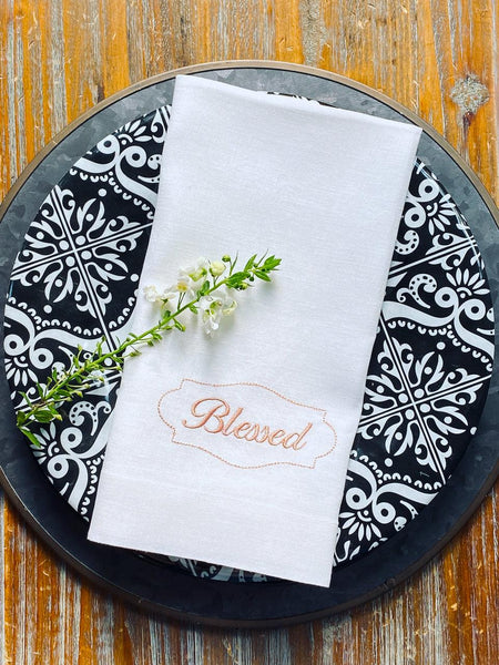 Thanksgiving Blessed Embroidered Cloth Dinner Napkins - Set of 4 napkins - White Tulip Embroidery