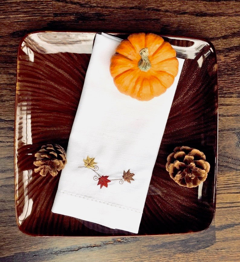 Thanksgiving Blowing Leaves Embroidered Cloth Napkins - Set of 4 napkins - White Tulip Embroidery
