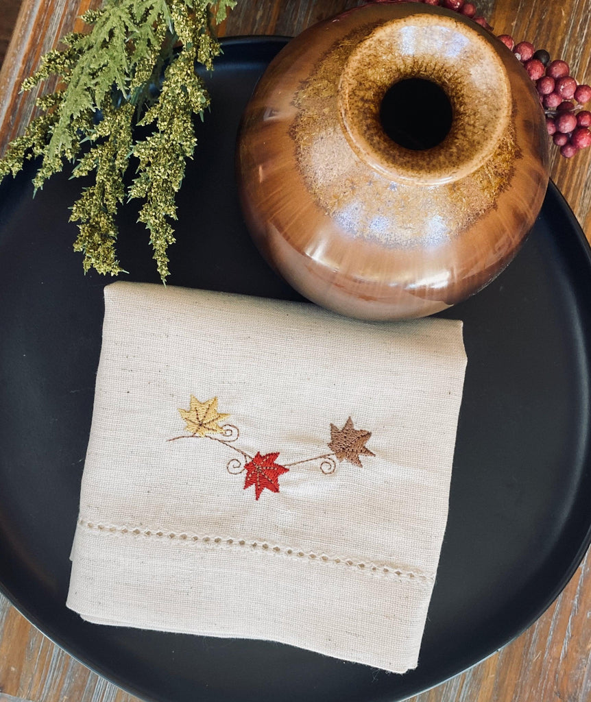 Thanksgiving Blowing Leaves Embroidered Cloth Napkins - Set of 4 napkins - White Tulip Embroidery